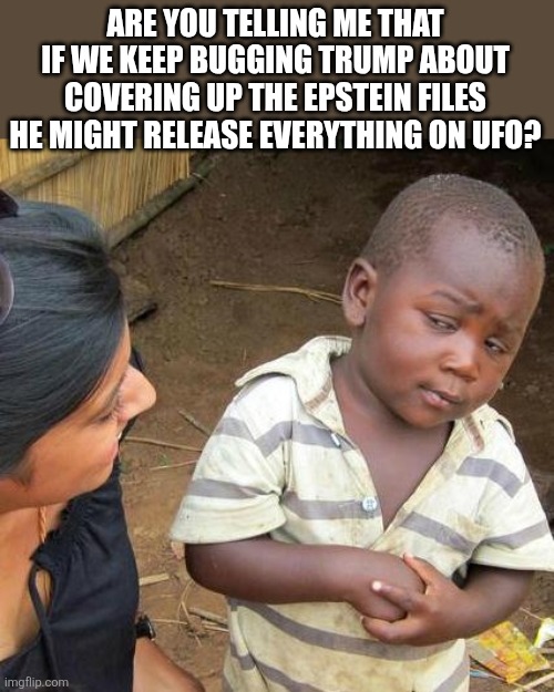 UFO files | ARE YOU TELLING ME THAT IF WE KEEP BUGGING TRUMP ABOUT COVERING UP THE EPSTEIN FILES HE MIGHT RELEASE EVERYTHING ON UFO? | image tagged in donald trump,trump,maga,jeffrey epstein,epstein,trump sucks | made w/ Imgflip meme maker