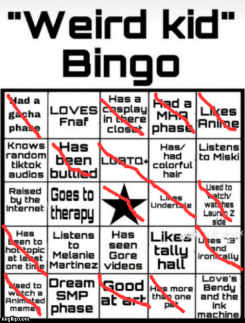 Idk what to say guys... (I didn't put fnaf bc I don't rlly like fnaf anymore. I liked it in my gacha phase lol) | image tagged in weird kid bingo,emokid,emo,bingo | made w/ Imgflip meme maker
