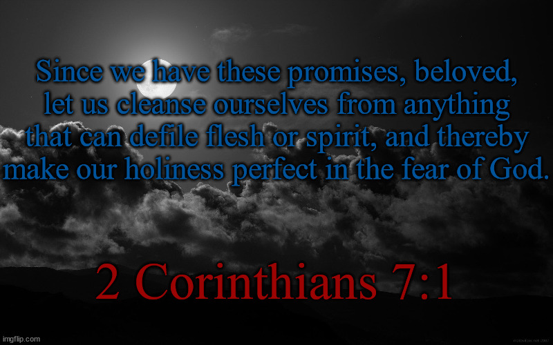 Bible verse of the day. (NCB Translation) | Since we have these promises, beloved, let us cleanse ourselves from anything that can defile flesh or spirit, and thereby make our holiness perfect in the fear of God. 2 Corinthians 7:1 | made w/ Imgflip meme maker