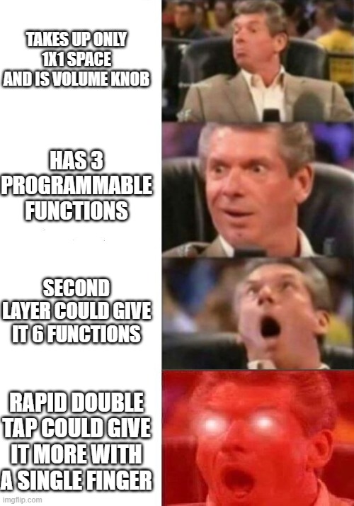 Mr. McMahon reaction | TAKES UP ONLY 1X1 SPACE AND IS VOLUME KNOB; HAS 3 PROGRAMMABLE FUNCTIONS; SECOND LAYER COULD GIVE IT 6 FUNCTIONS; RAPID DOUBLE TAP COULD GIVE IT MORE WITH A SINGLE FINGER | image tagged in mr mcmahon reaction | made w/ Imgflip meme maker