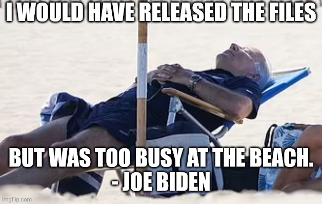 Beach Bum Biden | I WOULD HAVE RELEASED THE FILES BUT WAS TOO BUSY AT THE BEACH.
- JOE BIDEN | image tagged in beach bum biden | made w/ Imgflip meme maker