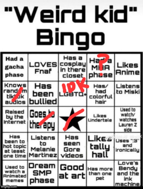 Weird Kid Bingo | image tagged in weird kid bingo | made w/ Imgflip meme maker