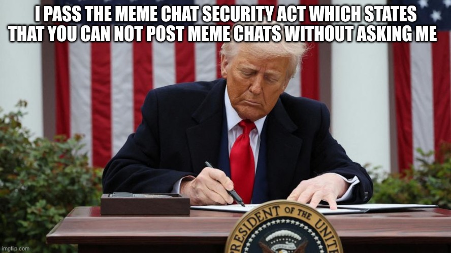 trump | I PASS THE MEME CHAT SECURITY ACT WHICH STATES THAT YOU CAN NOT POST MEME CHATS WITHOUT ASKING ME | image tagged in trump | made w/ Imgflip meme maker