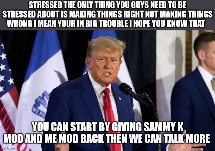 trump | STRESSED THE ONLY THING YOU GUYS NEED TO BE STRESSED ABOUT IS MAKING THINGS RIGHT NOT MAKING THINGS WRONG I MEAN YOUR IN BIG TROUBLE I HOPE  | image tagged in trump | made w/ Imgflip meme maker