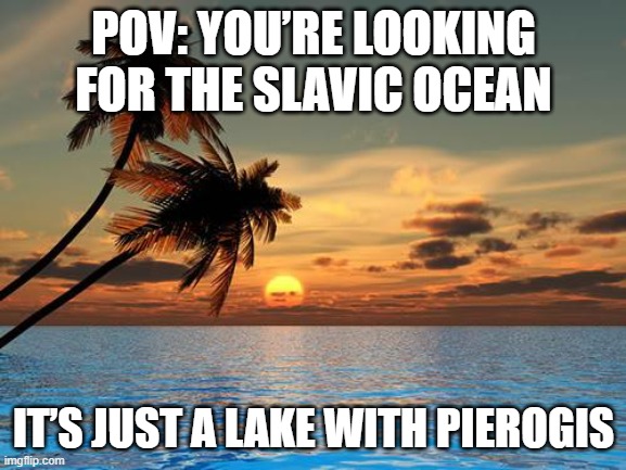 Palm trees, sunset | POV: YOU’RE LOOKING FOR THE SLAVIC OCEAN; IT’S JUST A LAKE WITH PIEROGIS | image tagged in palm trees sunset,slavic lives matter | made w/ Imgflip meme maker