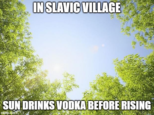 sunshine trees | IN SLAVIC VILLAGE; SUN DRINKS VODKA BEFORE RISING | image tagged in sunshine trees,slavic live,slavic lives matter | made w/ Imgflip meme maker