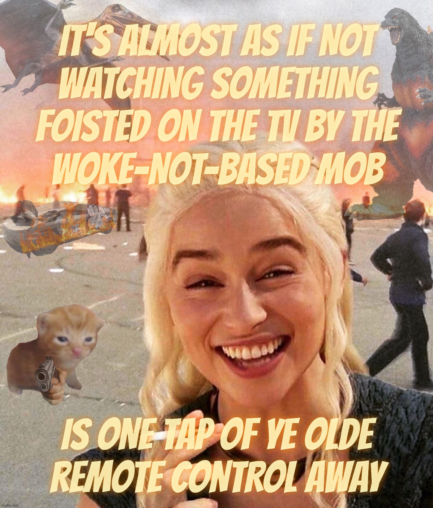 Don't like it? Change the channel, you absolute dingus | IT'S ALMOST AS IF NOT
WATCHING SOMETHING
FOISTED ON THE TV BY THE
WOKE-NOT-BASED MOB; IS ONE TAP OF YE OLDE
REMOTE CONTROL AWAY | image tagged in disaster smoker gal kitchen sink edition,don't like it,don't watch it,take control,remote control,get a hobby | made w/ Imgflip meme maker