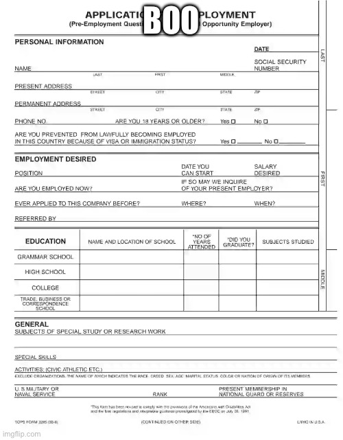 So scary | BOO | image tagged in job application | made w/ Imgflip meme maker
