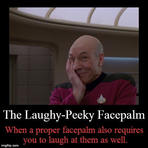 The Laughy-Peeky Facepalm | When a proper facepalm also requires you to laugh at them as well. | image tagged in funny,demotivationals | made w/ Imgflip demotivational maker