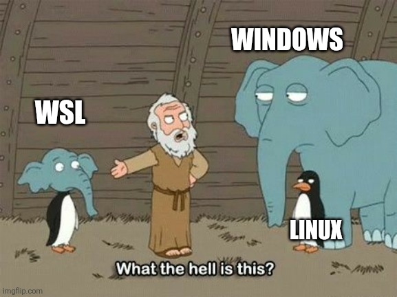 Windows + linux wsl | WINDOWS; WSL; LINUX | image tagged in elephant penguin meme | made w/ Imgflip meme maker