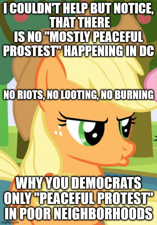 "Police State" not worth a "Peaceful Protest" where the politicians live? | I COULDN'T HELP BUT NOTICE,
 THAT THERE IS NO "MOSTLY PEACEFUL PROSTEST" HAPPENING IN DC; NO RIOTS, NO LOOTING, NO BURNING; WHY YOU DEMOCRATS ONLY "PEACEFUL PROTEST" IN POOR NEIGHBORHOODS | image tagged in passed applejack,washington dc | made w/ Imgflip meme maker