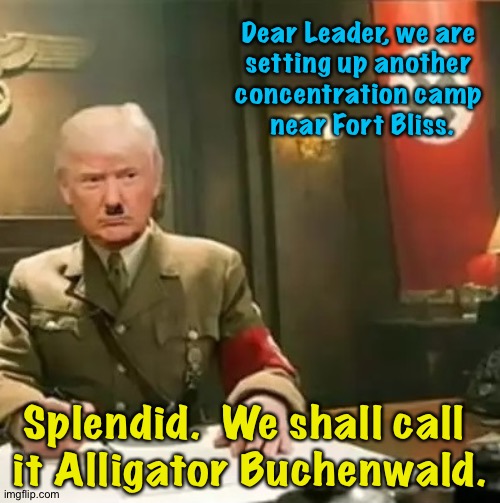 Alligator Auschwitz was already taken. | Dear Leader, we are 
setting up another 
concentration camp 
near Fort Bliss. Splendid.  We shall call 
it Alligator Buchenwald. | image tagged in donald trump hitler | made w/ Imgflip meme maker