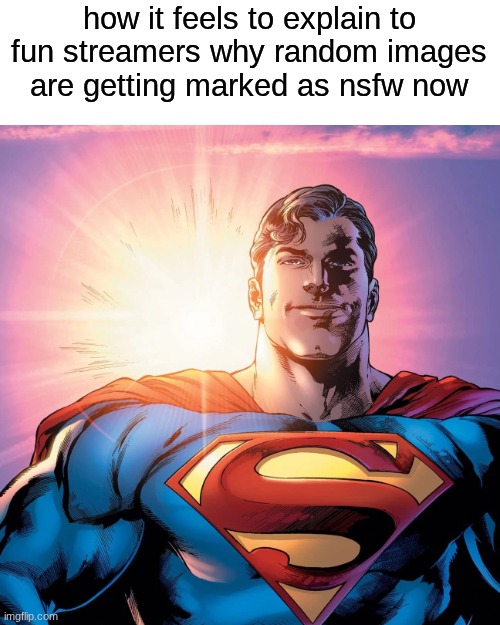 Superman Smiling | how it feels to explain to fun streamers why random images are getting marked as nsfw now | image tagged in superman smiling | made w/ Imgflip meme maker