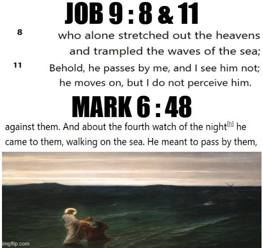 Cool connection between old and new testmament | JOB 9 : 8 & 11; MARK 6 : 48 | image tagged in jesus christ,walking on water,christian memes,bible memes,christianity,the bible | made w/ Imgflip meme maker