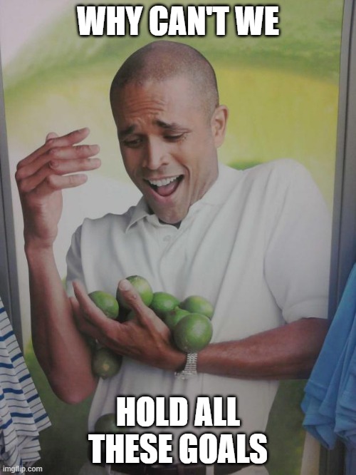 Why Can't I Hold All These Limes Meme | WHY CAN'T WE; HOLD ALL THESE GOALS | image tagged in memes,why can't i hold all these limes | made w/ Imgflip meme maker