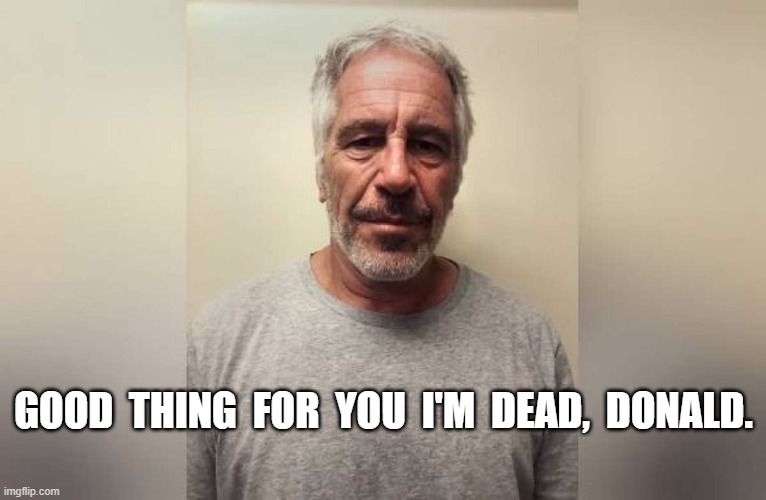 Last Favor | GOOD  THING  FOR  YOU  I'M  DEAD,  DONALD. | image tagged in jeffrey epstein | made w/ Imgflip meme maker