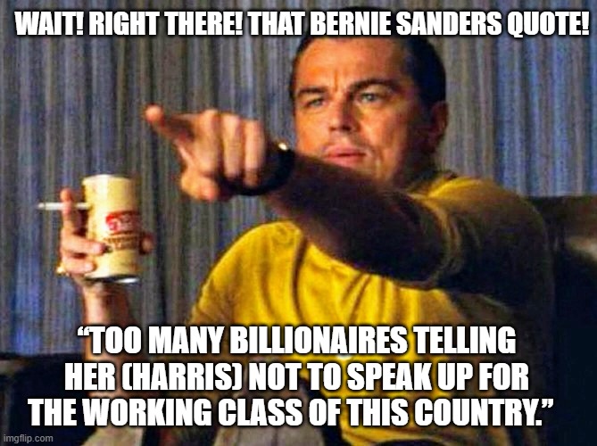 Leonardo Dicaprio pointing at tv | WAIT! RIGHT THERE! THAT BERNIE SANDERS QUOTE! “TOO MANY BILLIONAIRES TELLING HER (HARRIS) NOT TO SPEAK UP FOR THE WORKING CLASS OF THIS COUNTRY.” | image tagged in leonardo dicaprio pointing at tv | made w/ Imgflip meme maker
