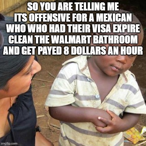 Why does Maga care who is illegal or not, its not like they are committing another 9/11... EVERY AMERICAN HAS IMMIGRANT ROOTS | SO YOU ARE TELLING ME ITS OFFENSIVE FOR A MEXICAN WHO WHO HAD THEIR VISA EXPIRE CLEAN THE WALMART BATHROOM AND GET PAYED 8 DOLLARS AN HOUR | image tagged in memes,third world skeptical kid | made w/ Imgflip meme maker