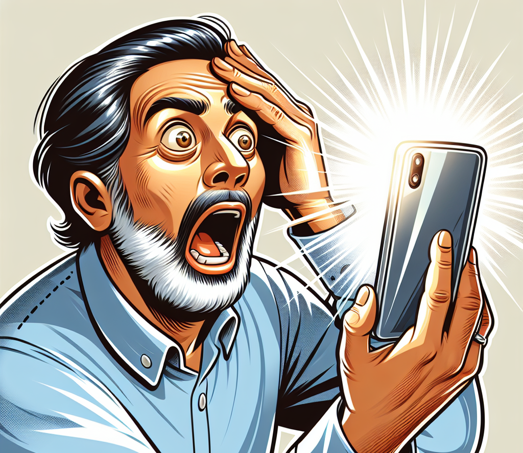 a middle aged man holding his phone with one hand and his other Blank Meme Template