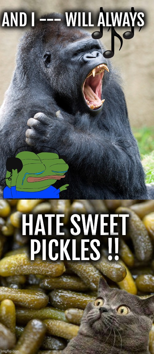 Gorilla memes | AND I --- WILL ALWAYS; HATE SWEET PICKLES !! | image tagged in food memes | made w/ Imgflip meme maker