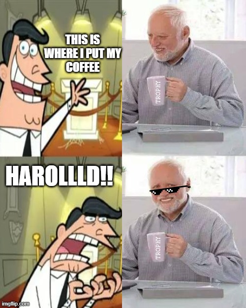 Hide the Pain Harold Meme | THIS IS WHERE I PUT MY COFFEE; TROPHY; HAROLLLD!! TROPHY | image tagged in memes,hide the pain harold | made w/ Imgflip meme maker