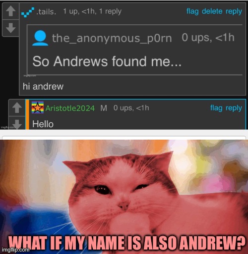 WHAT IF MY NAME IS ALSO ANDREW? | image tagged in raycat laughing | made w/ Imgflip meme maker