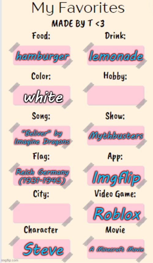 my favorite things | lemonade; hamburger; white; "Beliver" by Imagine Dragons; Mythbusters; Reich Germany (1931-1945); Imgflip; Roblox; Steve; A Minecraft Movie | image tagged in favorites,favorite | made w/ Imgflip meme maker