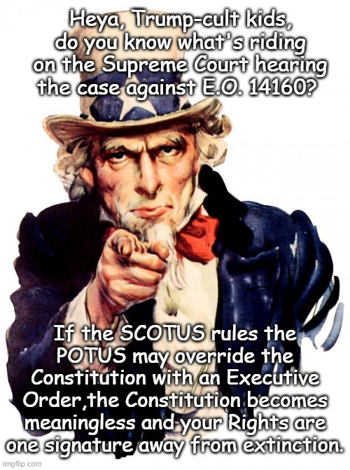 Would you trust someone who tried to forcibly take a widow's house & land to give a s--- about your constitutional rights? | Heya, Trump-cult kids, do you know what's riding on the Supreme Court hearing the case against E.O. 14160? If the SCOTUS rules the POTUS may override the Constitution with an Executive Order,the Constitution becomes meaningless and your Rights are one signature away from extinction. | image tagged in trump unfit unqualified dangerous,wannabe,dictator | made w/ Imgflip meme maker