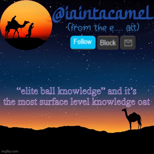 iaintacamel | “elite ball knowledge” and it’s the most surface level knowledge oat | image tagged in iaintacamel | made w/ Imgflip meme maker