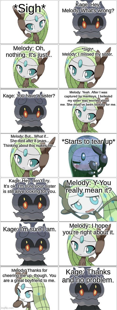 The 4 Mythicals: Missing your sibling.mp3 | image tagged in the 4 mythicals,kage and melody,comic,kage,melody | made w/ Imgflip meme maker