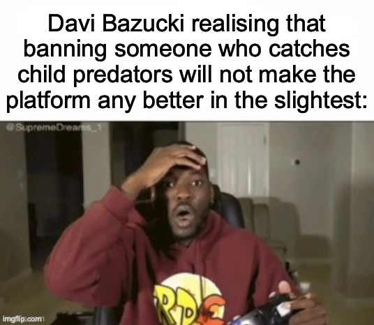 we have not | Davi Bazucki realising that banning someone who catches child predators will not make the platform any better in the slightest: | image tagged in we have not,msmg,roblox | made w/ Imgflip meme maker