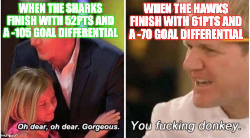 Gordon Ramsay kids vs adults | WHEN THE SHARKS FINISH WITH 52PTS AND A -105 GOAL DIFFERENTIAL; WHEN THE HAWKS FINISH WITH 61PTS AND A -70 GOAL DIFFERENTIAL | image tagged in gordon ramsay kids vs adults | made w/ Imgflip meme maker