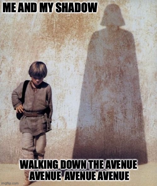Me and my shadow | ME AND MY SHADOW; WALKING DOWN THE AVENUE  AVENUE  AVENUE AVENUE | image tagged in anakin shadow | made w/ Imgflip meme maker