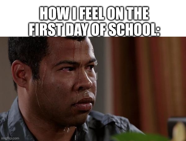 sweating bullets | HOW I FEEL ON THE FIRST DAY OF SCHOOL: | image tagged in sweating bullets | made w/ Imgflip meme maker