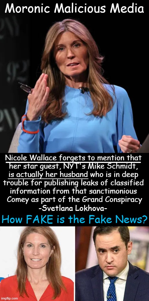 MORE | Moronic Malicious Media; ______________; Nicole Wallace forgets to mention that 

her star guest, NYT's Mike Schmidt, 

is actually her husband who is in deep 

trouble for publishing leaks of classified 

information from that sanctimonious 

Comey as part of the Grand Conspiracy; ______________________; -Svetlana Lokhova-; How FAKE is the Fake News? | image tagged in lies,media lies,biased media,distortion,omission,agenda | made w/ Imgflip meme maker