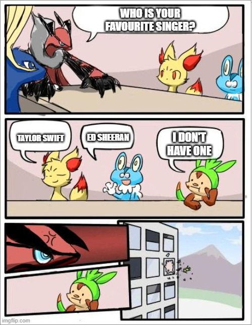 Why Chespin, Why!!!???? | WHO IS YOUR FAVOURITE SINGER? ED SHEERAN; TAYLOR SWIFT; I DON'T HAVE ONE | image tagged in pokemon board meeting,pokemon | made w/ Imgflip meme maker