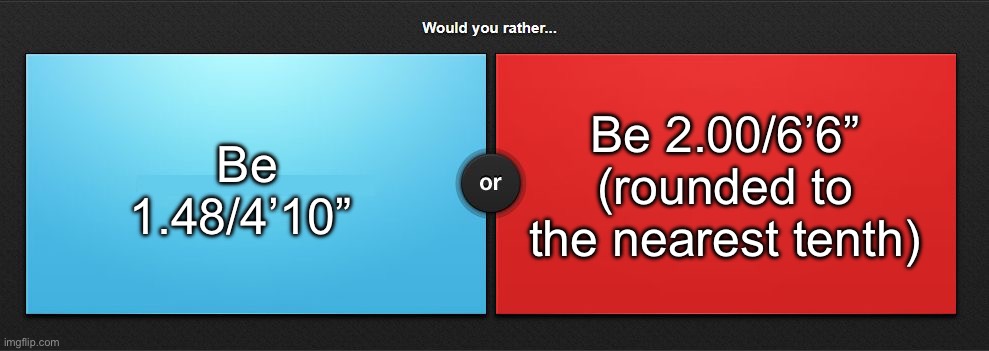 Would you rather | Be 1.48/4’10”; Be 2.00/6’6” (rounded to the nearest tenth) | image tagged in would you rather,msmg | made w/ Imgflip meme maker