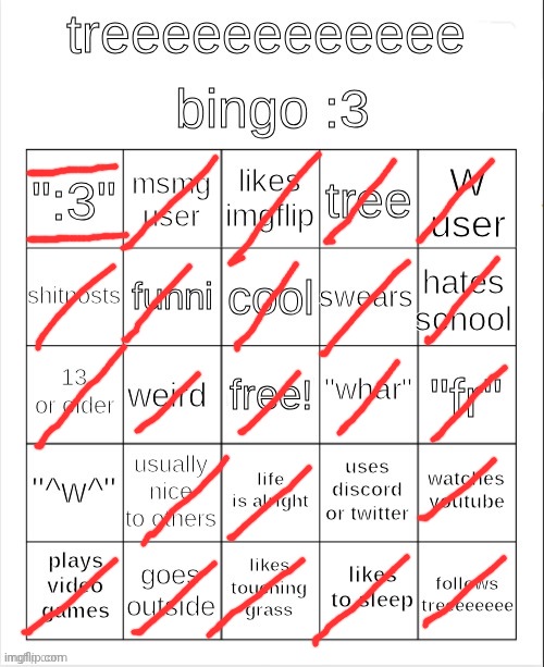 updated my treeeeeeeeeeeeee | image tagged in treeeeeeeeee bingo 3 | made w/ Imgflip meme maker