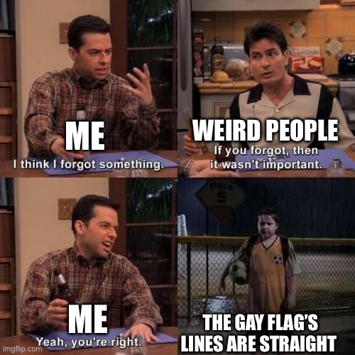 I think I forgot something | ME WEIRD PEOPLE ME THE GAY FLAG’S LINES ARE STRAIGHT | image tagged in i think i forgot something | made w/ Imgflip meme maker