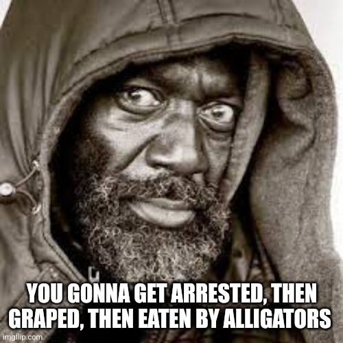 Raped | YOU GONNA GET ARRESTED, THEN GRAPED, THEN EATEN BY ALLIGATORS | image tagged in raped | made w/ Imgflip meme maker