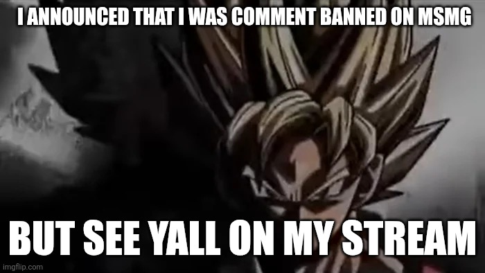 Goku Staring | I ANNOUNCED THAT I WAS COMMENT BANNED ON MSMG; BUT SEE YALL ON MY STREAM | image tagged in goku staring | made w/ Imgflip meme maker