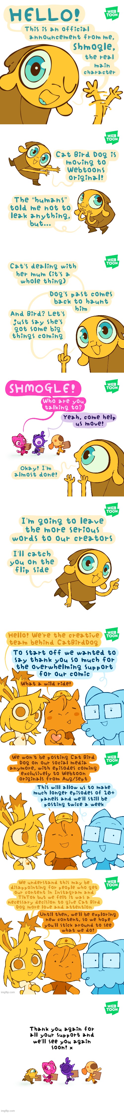 A Patreon post from Eggbug Studio (and Shmogle, too!) | image tagged in cat,bird,dog,henchman,artists,announcement | made w/ Imgflip meme maker