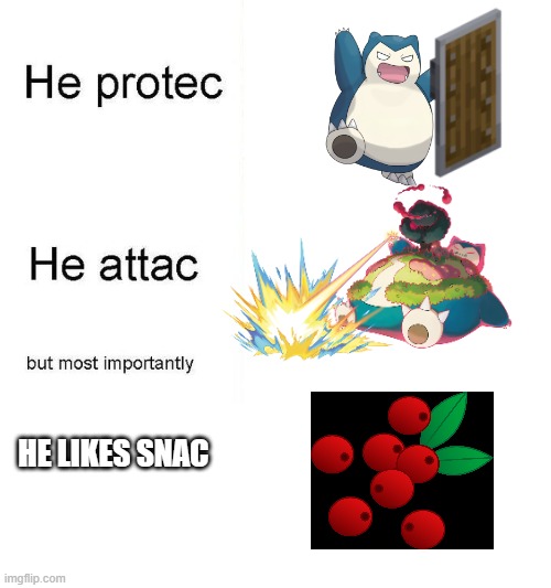 SNORLAX 2 | HE LIKES SNAC | image tagged in he protec,pokemon,snorlax | made w/ Imgflip meme maker
