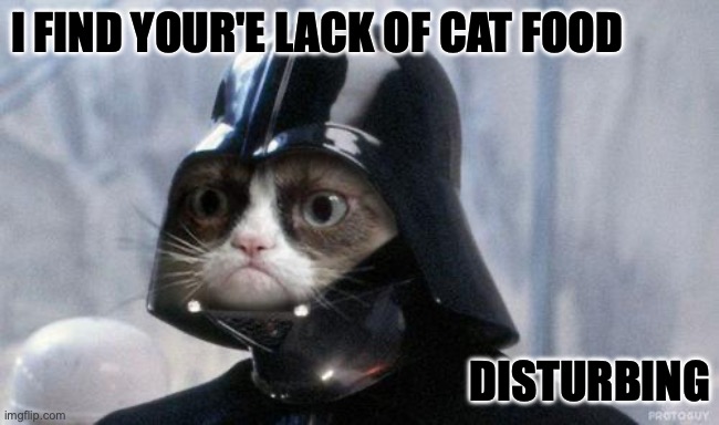 Lack of cat food | I FIND YOUR'E LACK OF CAT FOOD; DISTURBING | image tagged in memes,grumpy cat star wars,grumpy cat | made w/ Imgflip meme maker