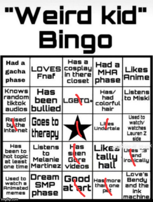 Dude I’m weird but in many ways other than these | image tagged in weird kid bingo | made w/ Imgflip meme maker