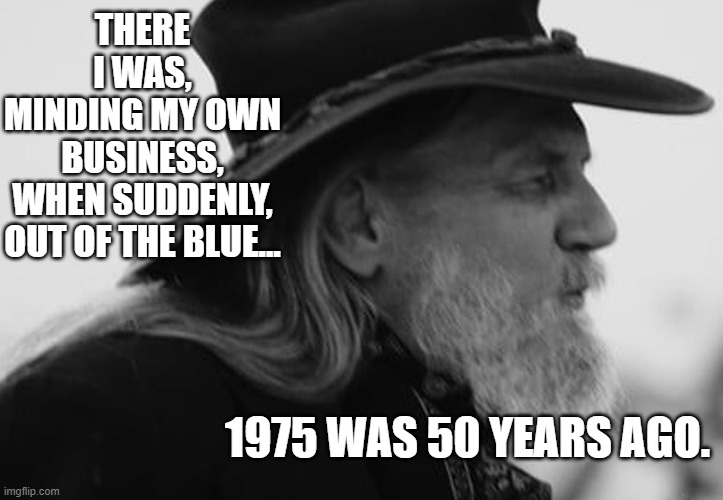 1975 | THERE I WAS, MINDING MY OWN BUSINESS, WHEN SUDDENLY, OUT OF THE BLUE... 1975 WAS 50 YEARS AGO. | image tagged in 1970s | made w/ Imgflip meme maker