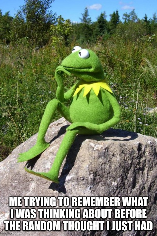 Thoughts | ME TRYING TO REMEMBER WHAT I WAS THINKING ABOUT BEFORE THE RANDOM THOUGHT I JUST HAD | image tagged in kermit-thinking | made w/ Imgflip meme maker