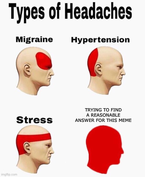 Headaches | TRYING TO FIND A REASONABLE ANSWER FOR THIS MEME | image tagged in headaches | made w/ Imgflip meme maker