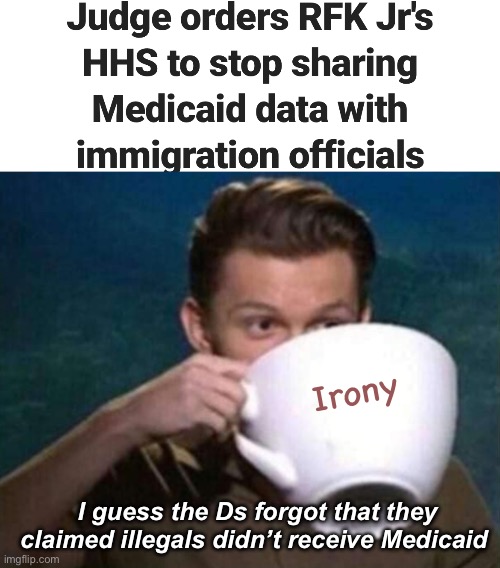 Seems odd | Irony; I guess the Ds forgot that they claimed illegals didn’t receive Medicaid | image tagged in big cup of coffee,politics lol,memes,government corruption | made w/ Imgflip meme maker
