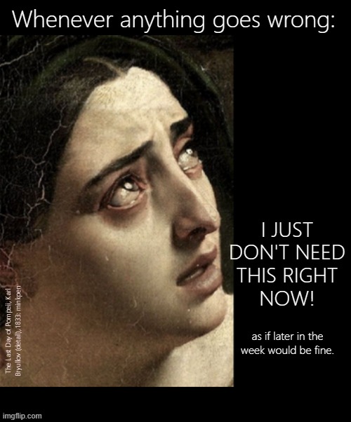 Indeed | Whenever anything goes wrong:; I JUST
DON'T NEED
THIS RIGHT
NOW! The Last Day of Pompeii, Karl Bryullov (detail), 1833: minkpen; as if later in the
week would be fine. | image tagged in artmemes,pompeii,depression sadness hurt pain anxiety,bpd | made w/ Imgflip meme maker